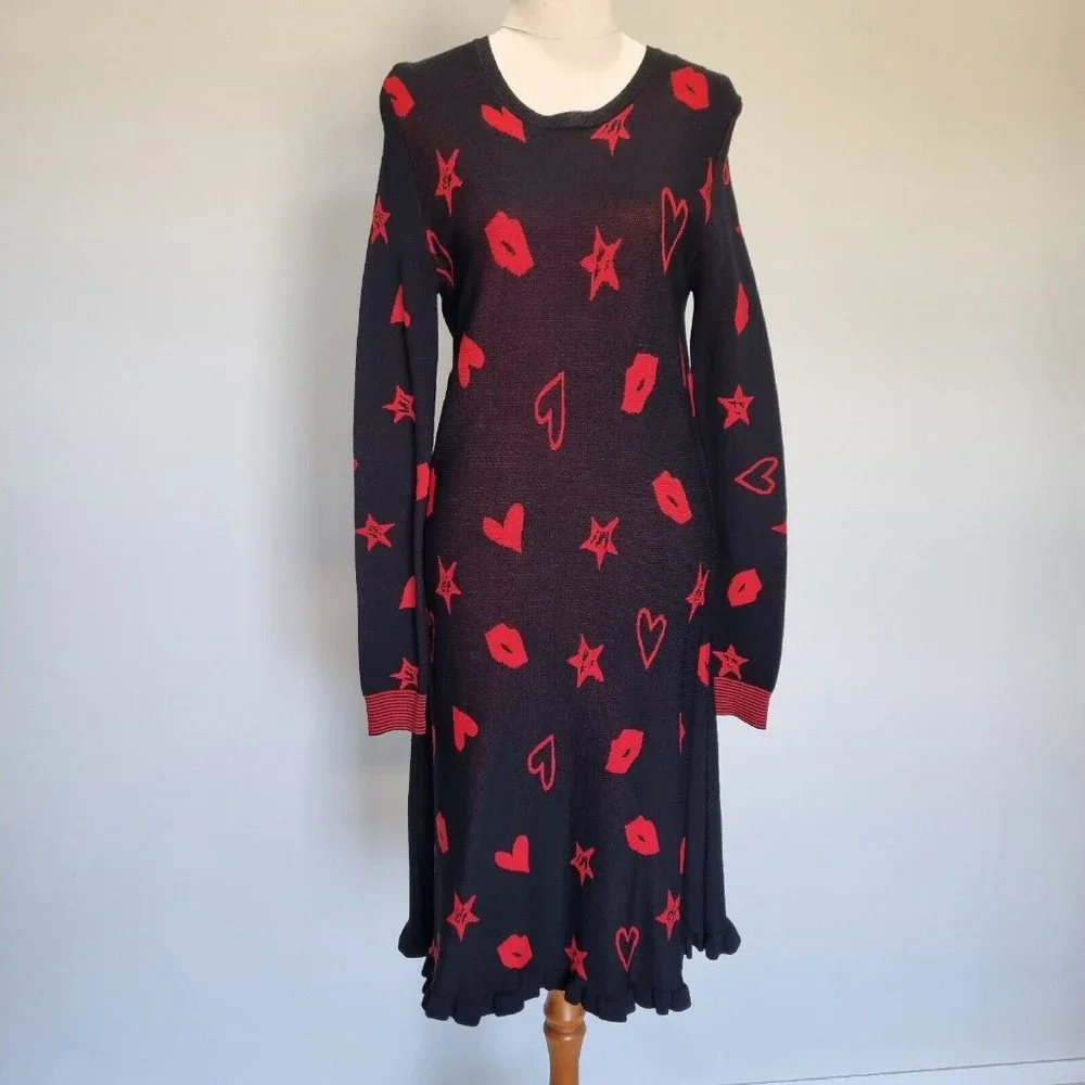 Hi There Karen Walker Black & Red Heart & Lip Print Knit Dress Size S - Picture 2 of 7
